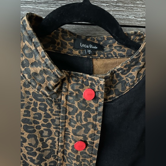 Saks Fifth Avenue Lea & Viola Leopard Denim Jacket Large Black Brown - Picture 7 of 10